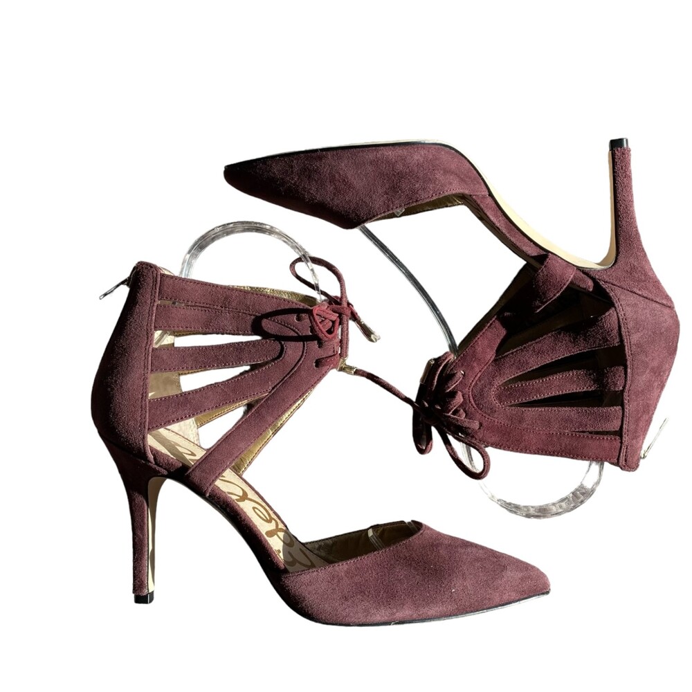 SAM EDELMAN Zachary Plum Pointy Lace-Up Ankle Cuff Back Zipper Heels Size 6.5